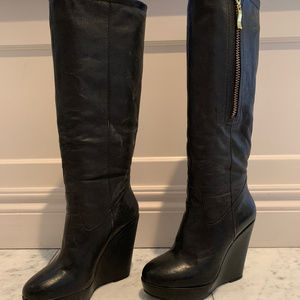 Black Leather Platform Wedge Boots